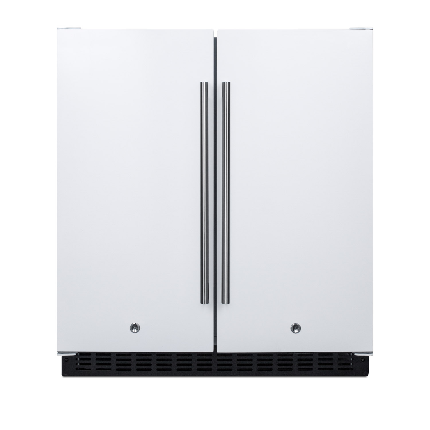 Frost-free side-by-side refrigerator-freezer for built-in or freestanding use in white finish with locks, stainless steel handles, door storage, and digital controls
